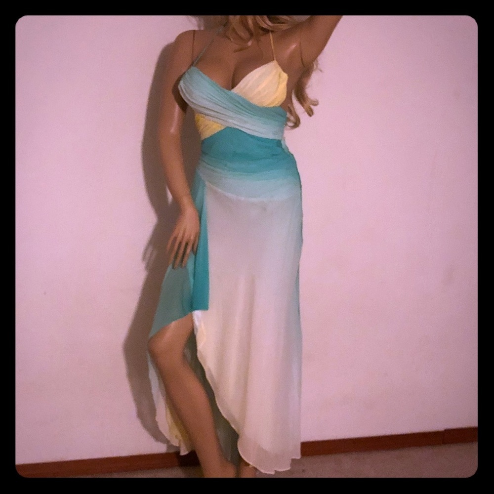 BCBGMAXAZRIA Silk Ombre Halter Dress | Teal Cream Hi-Lo Formal Dress 4 - Picture 3 of 9